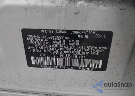 2018 Subaru Wrx Premium z USA, uszkodzony, nr VIN JF1VA1B69J9836757